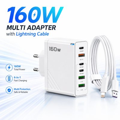 160W Super Fast Multi-Adapter: Ultimate GaN Charger with 6 Ports & Lightning Cable